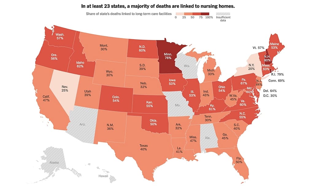 New York Times USA Map with Nursing Home COVID-19 fatalities as a percent of total for that state