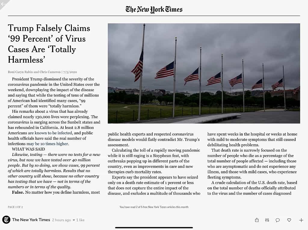 New York times Fact Check of Trump Claim Coronavirus 99% totally harmless Page 1