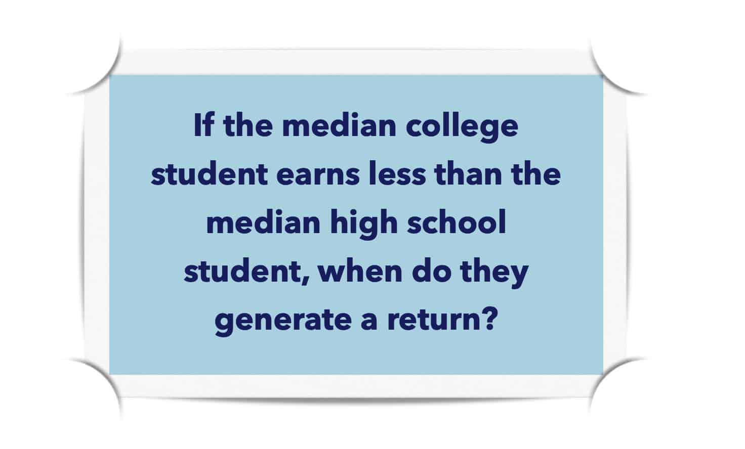 If the median college student earns less than the median high school student when do they generate a return?